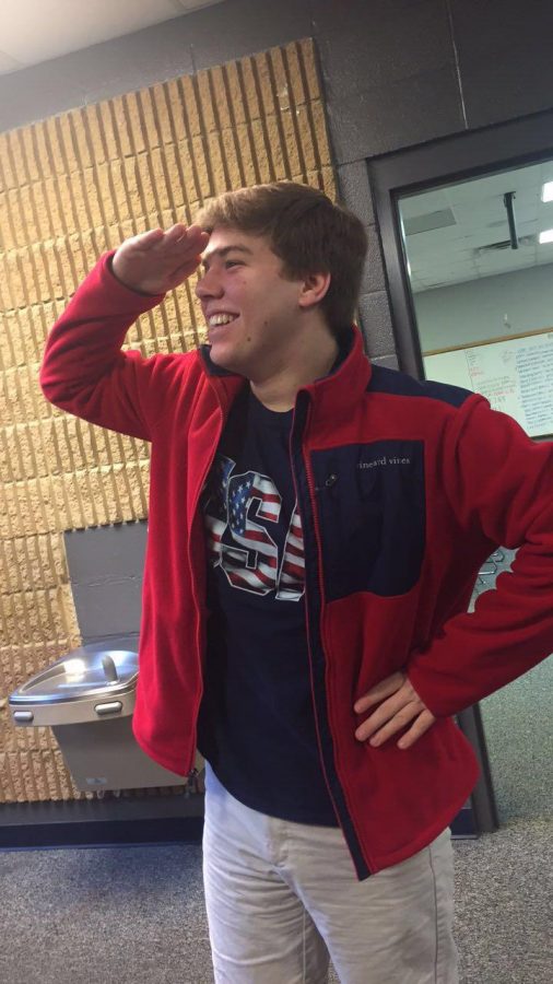 Freshmen, Matt Newberry, sports his USA t-shirt and red jacket for America Day! 