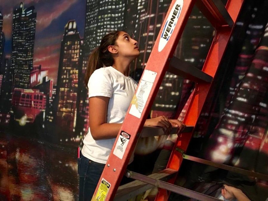 Monasa Vemuri gets ready to climb ladder against New York City backdrop