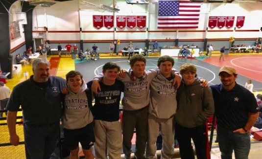 The Stratford Wrestling Team at the 2017 Area Tournament- (from left)- Coach Lance Hutchins, Sophomore Andrew Delves, Junior Carson Dorsey, Sophomore Will Deal, Sophomore Kieran MacKinnon, Sophomore Dylan Yurgalavage, Coach Josh Boyd