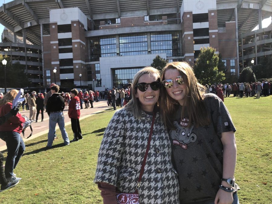 Madeline Davis, right, with her mother, Leah Oldham  in front of Bryant-Denny Stadium in Tuscaloosa on November 10.