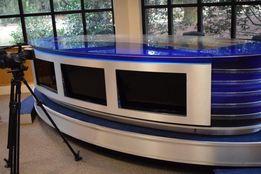 The former WMAZ anchor desk has a new home as part of the Stratford Gazebo broadcasts