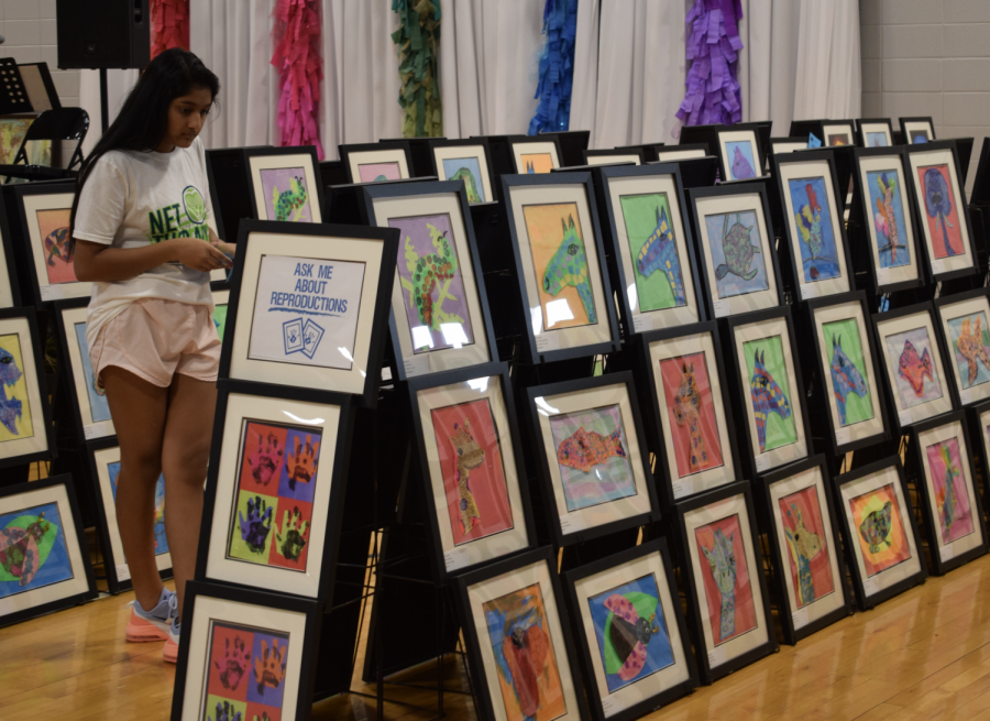 Freshman Shreya Ranabhotu looks over some of artwork on display Tuesday