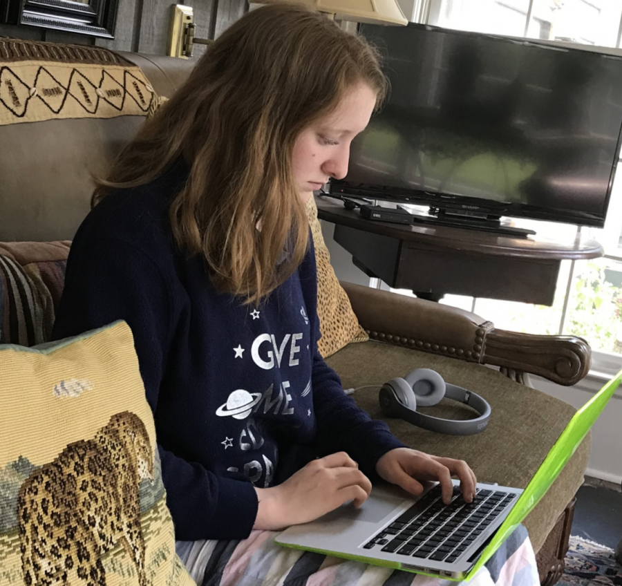 Junior Gabrielle Rader works on assignments from home