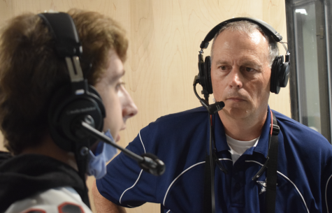 Mr. Baxter Sowell interviews Stratford senior Harrison Brown in the press box before Friday's game with Mount de Sales
