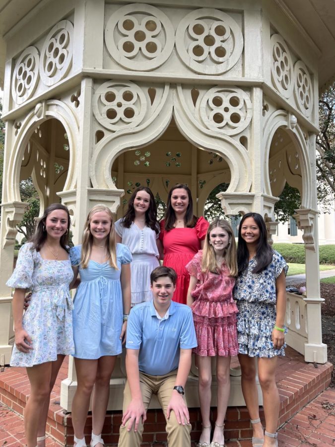 The Gazebo editors (L-R) Kate Fruitticher, Jean Hightower, Clarke Jones, Hendley London, Caroline Crick, Emily Hutchinson and Kamber Thalongsengchanh gather at the gazebo at old Stratford Academy (now the Woodruff House) on Coleman Hill in downtown Macon